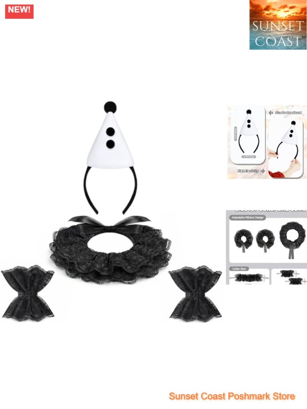 4-Piece Clown Costume Accessory Set Lace Ruffle Collar Headband Wrist Cuffs